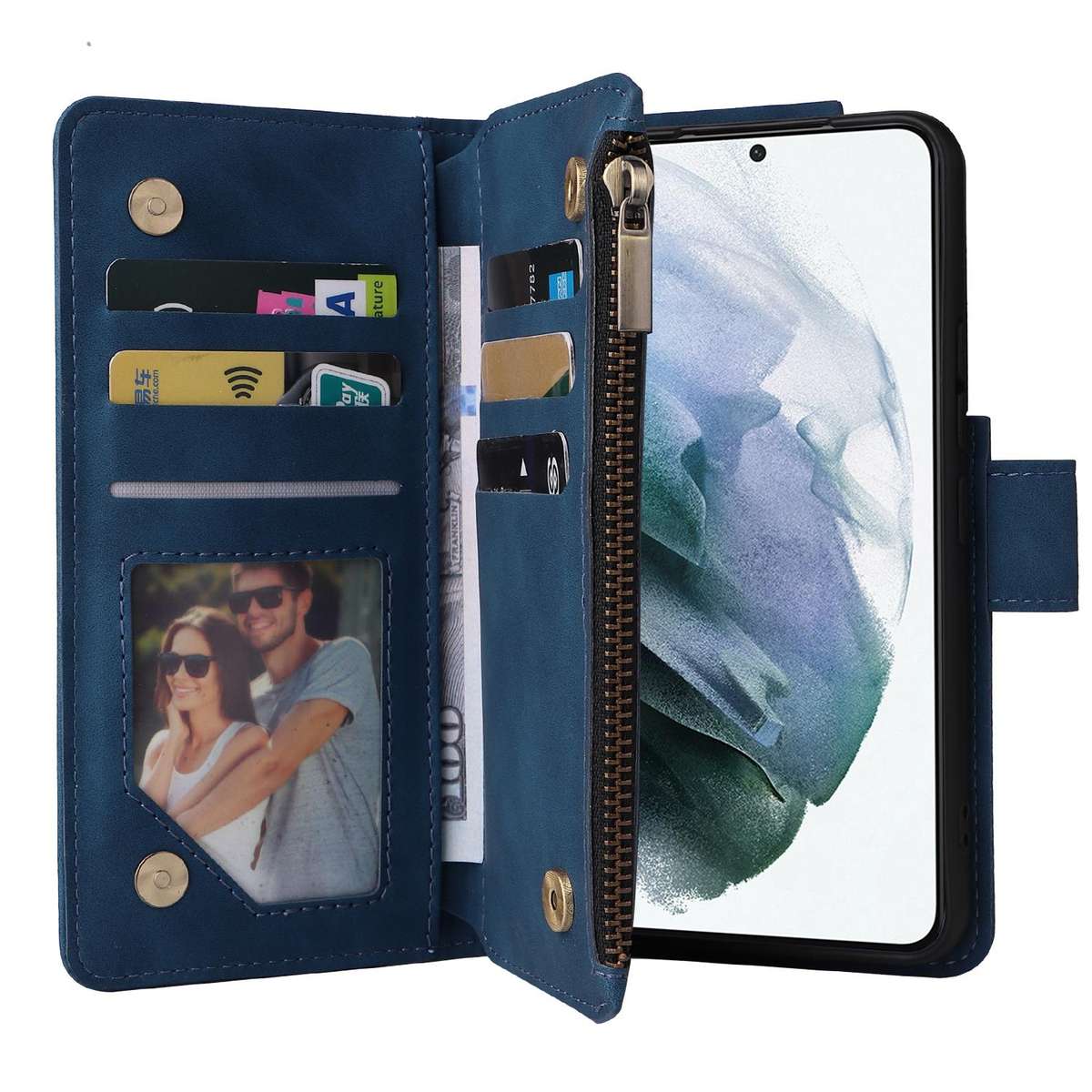 For Samsung Galaxy S22+ 5G Multifunctional Frosted Zipper Wallet Leather Phone Case(Blue)