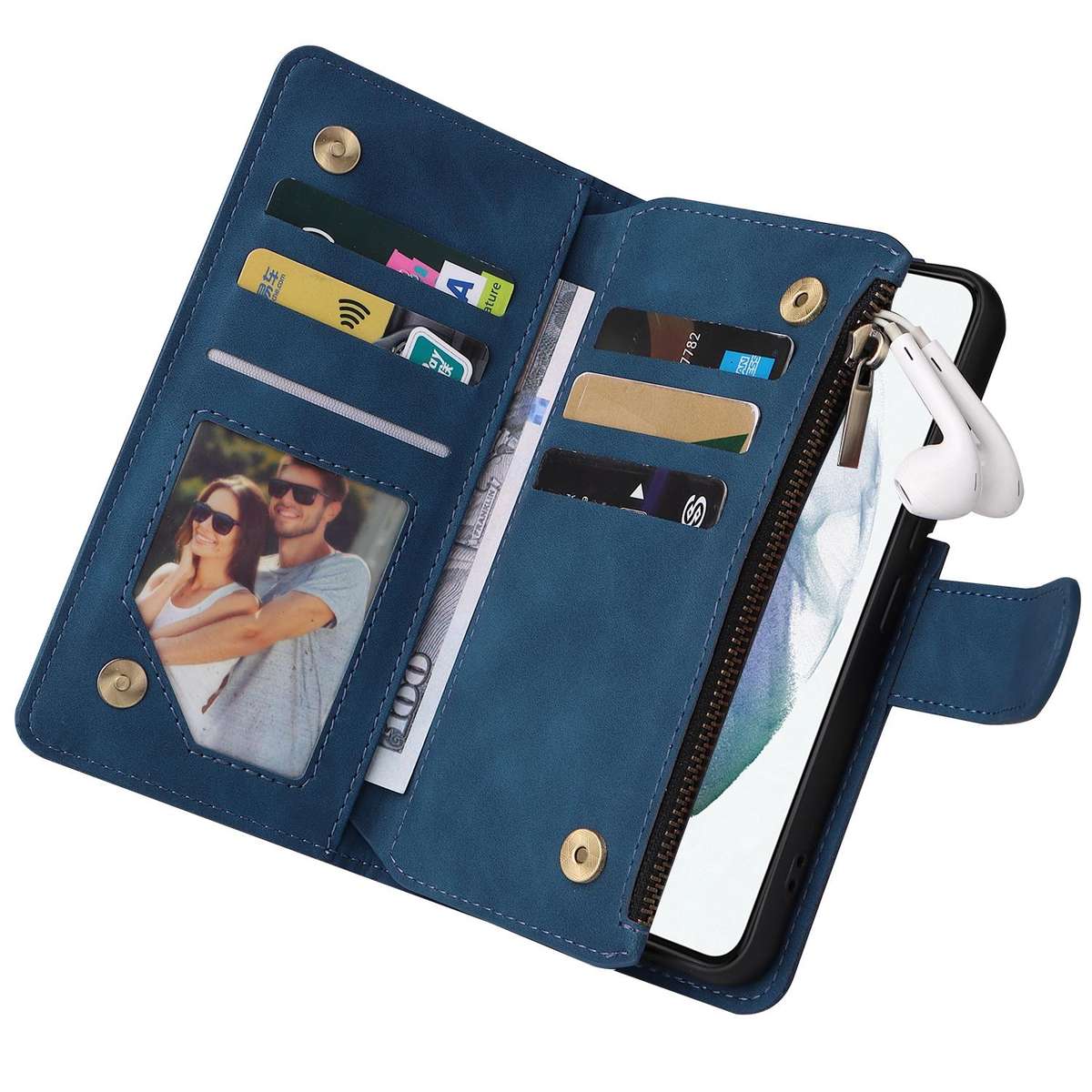 For Samsung Galaxy S22+ 5G Multifunctional Frosted Zipper Wallet Leather Phone Case(Blue)