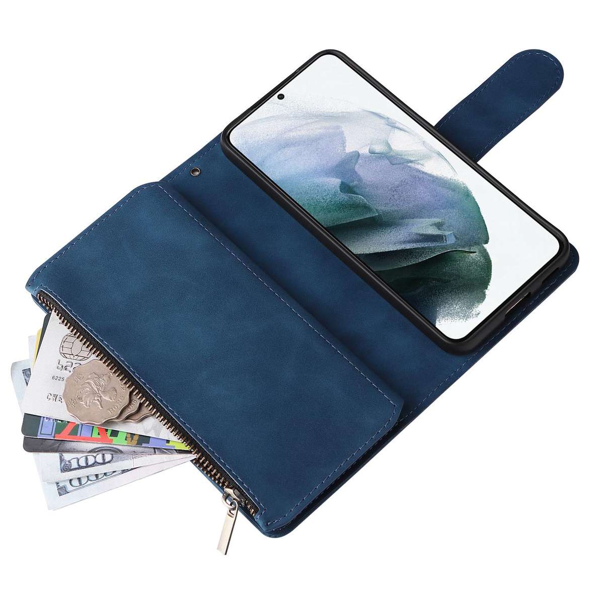 For Samsung Galaxy S22+ 5G Multifunctional Frosted Zipper Wallet Leather Phone Case(Blue)