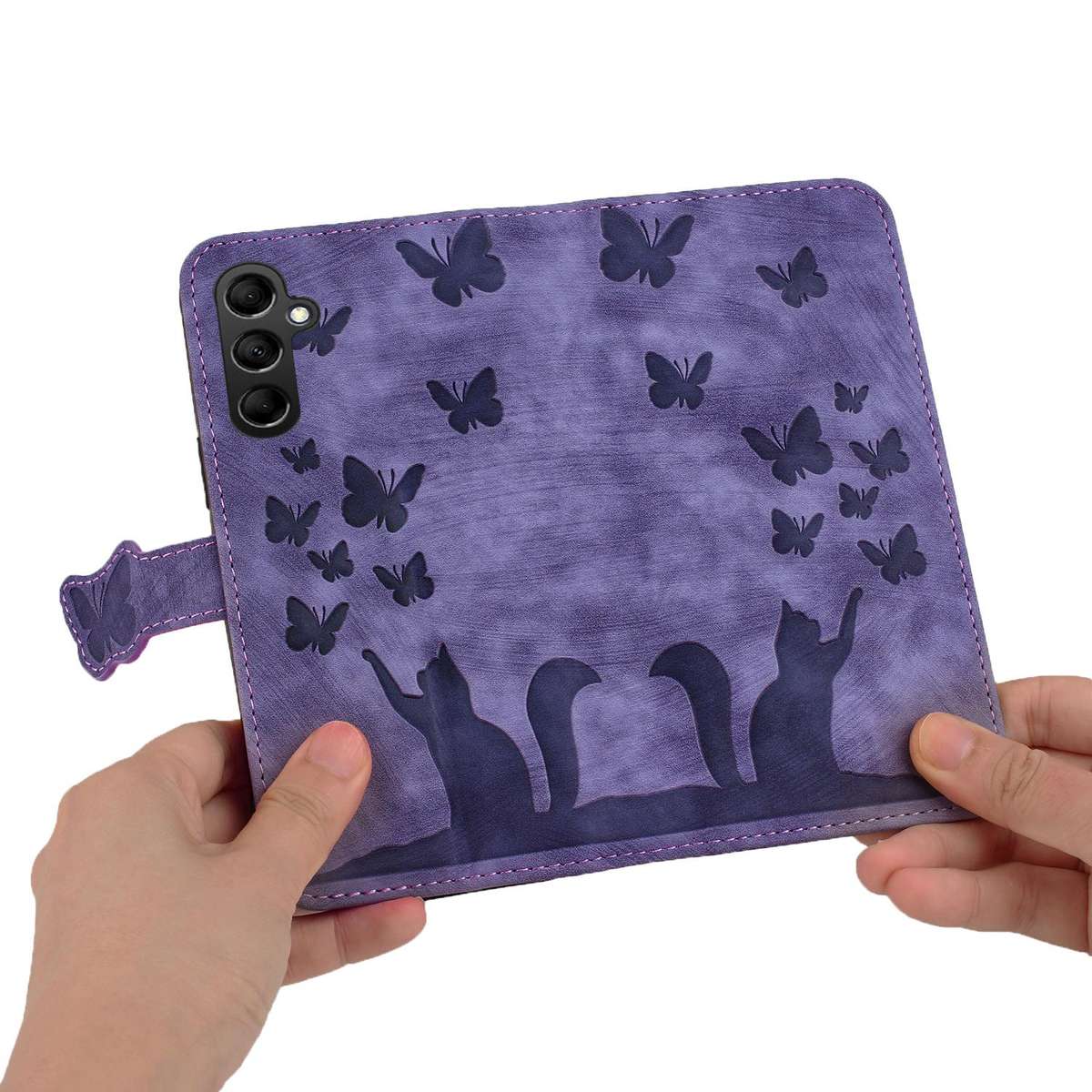 For Samsung Galaxy A57 5G Butterfly Cat Embossing Flip Leather Phone Case(Purple)