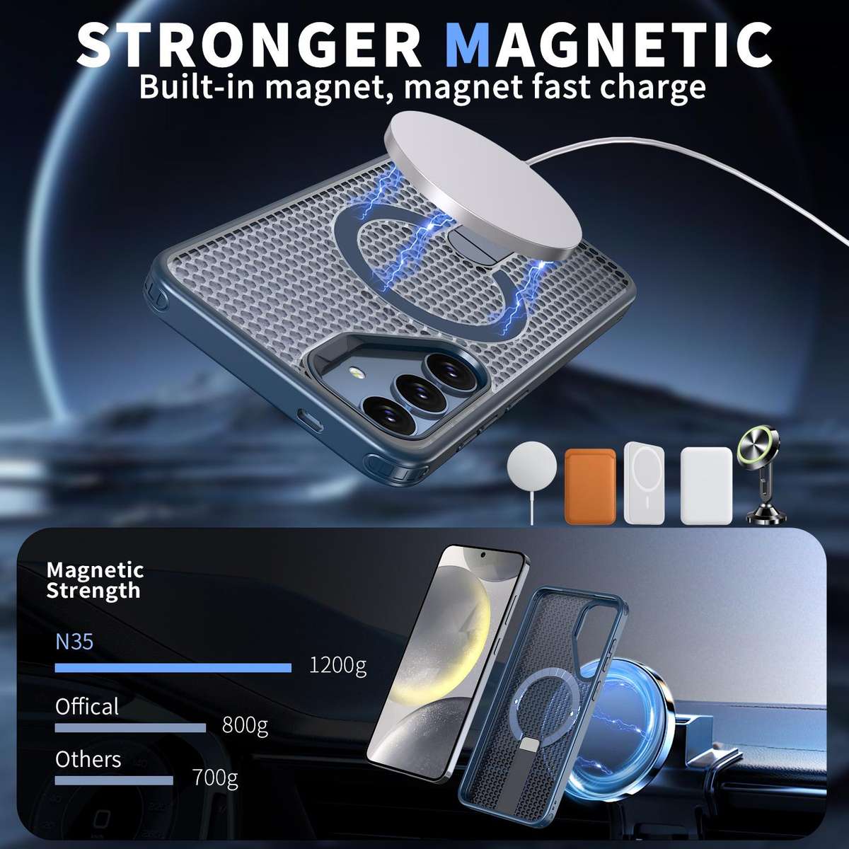 For Samsung Galaxy S24 Ultra 5G Honeycomb Cooling MagSafe Holder Phone Case(Blue)