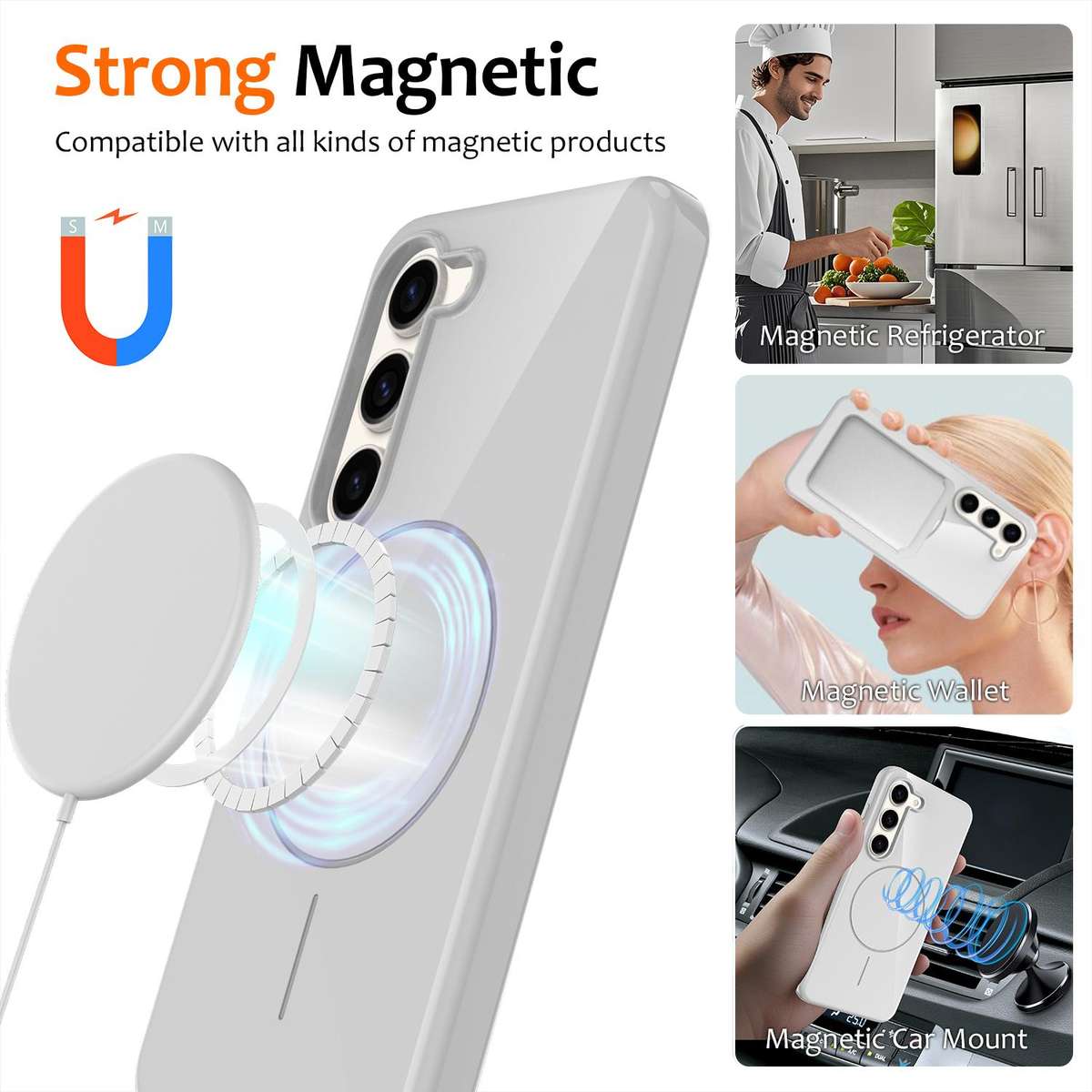 For Samsung Galaxy S23+ 5G Glossy TPU Shockproof MagSafe Phone Case with Lanyard(White)
