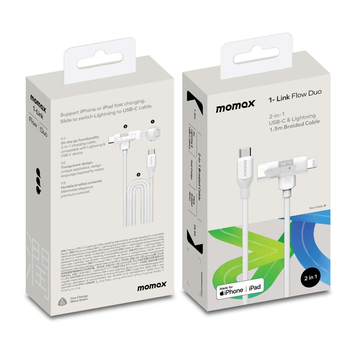 MOMAX DL56 1-Link Flow 60W Type-C to Type-C and 8 Pin Fast Charging Cable, Length:1.5m(White)