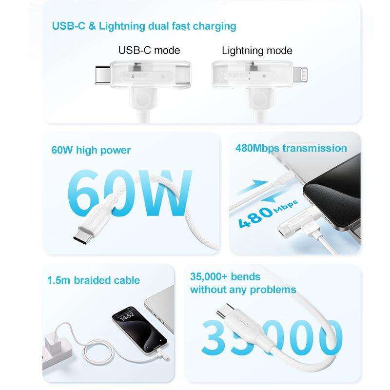 MOMAX DL56 1-Link Flow 60W Type-C to Type-C and 8 Pin Fast Charging Cable, Length:1.5m(White)