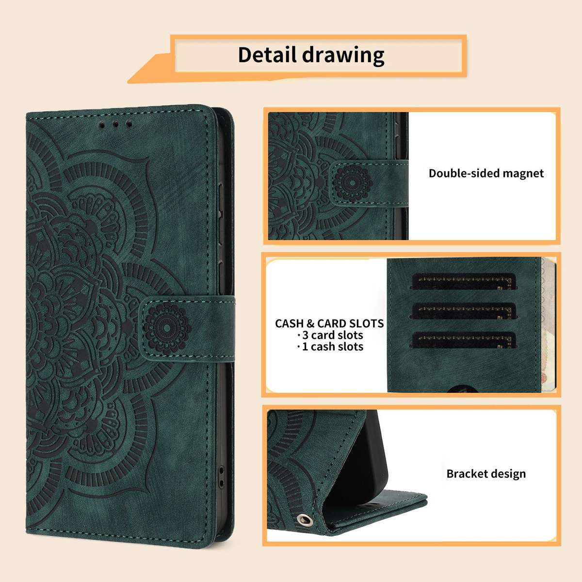 For Samsung Galaxy S22+ 5G Mandala Embossed Retro Frosted Leather Phone Case(Green)