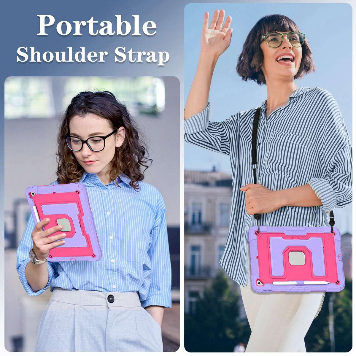 For iPad 10.2 1021 / 10.5 2019 Big Holder Silicone Hydric PC Tablet Case with Shoulder Strap(Purpl