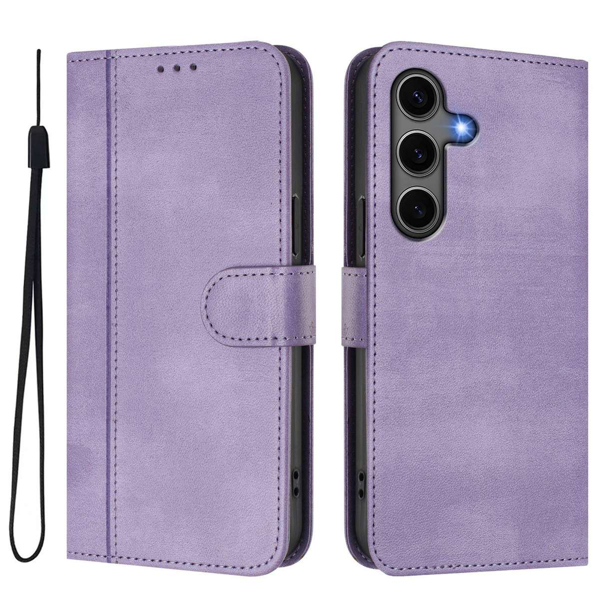 For Samsung Galaxy S25 / S24 5G Line Splicing Buckle Retro Leather Phone Case(Purple)