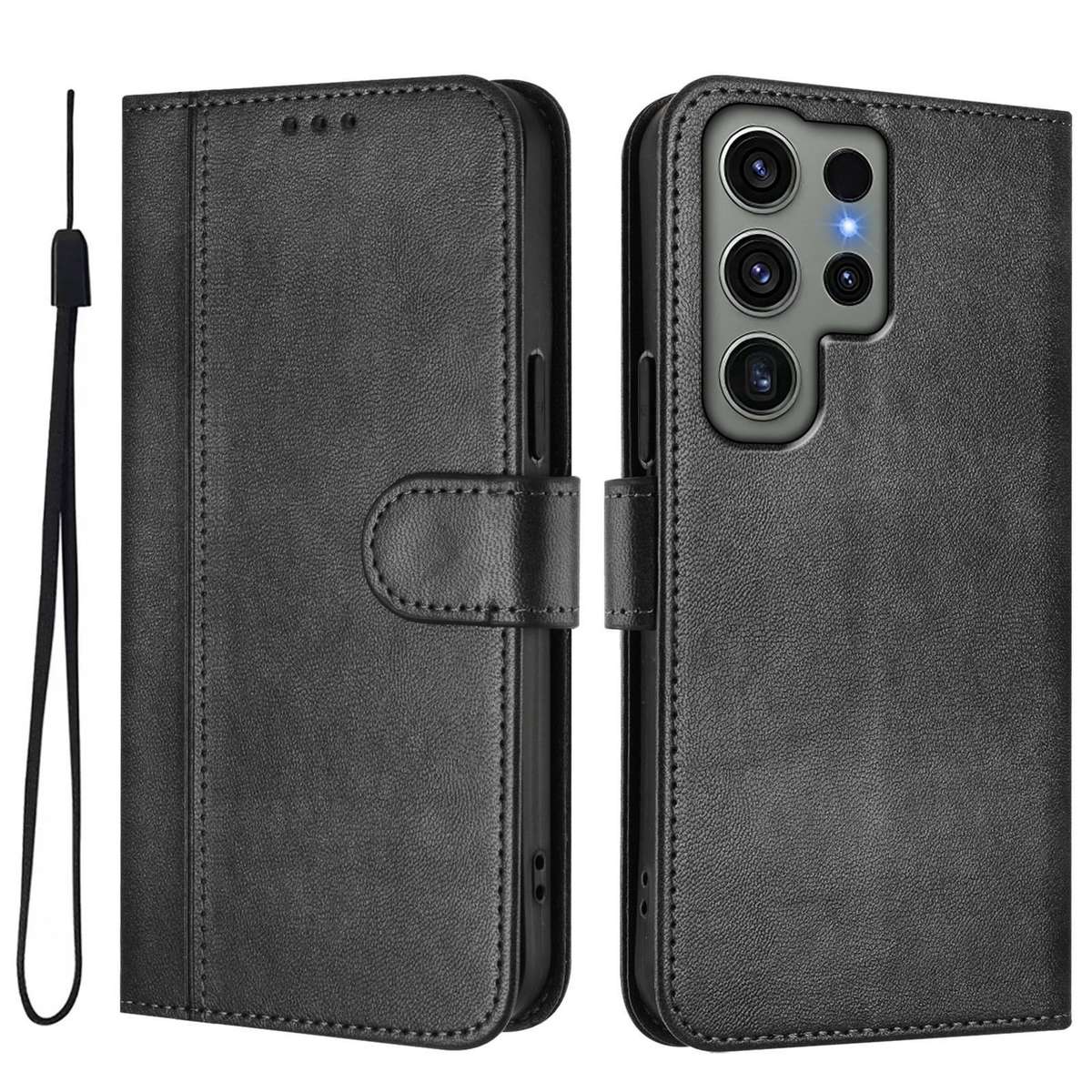 For Samsung Galaxy S23 Ultra 5G Line Splicing Buckle Retro Leather Phone Case(Black)