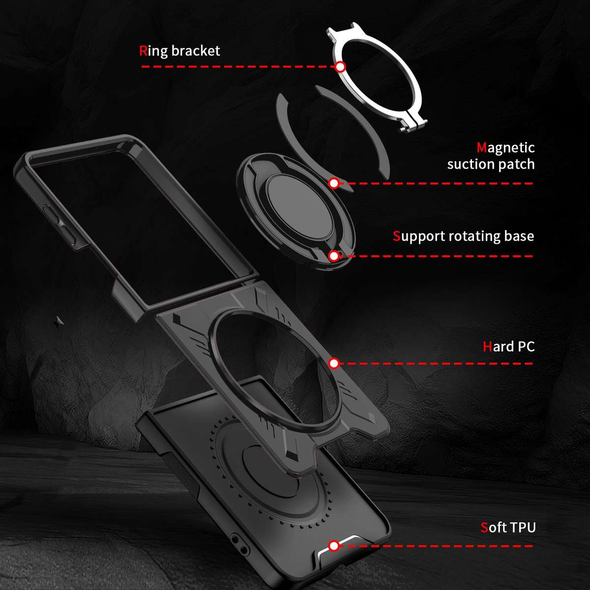 For Samsung Galaxy Z Flip7 5G Rotating Ring Holder Magnetic MagSafe Phone Case(Black)