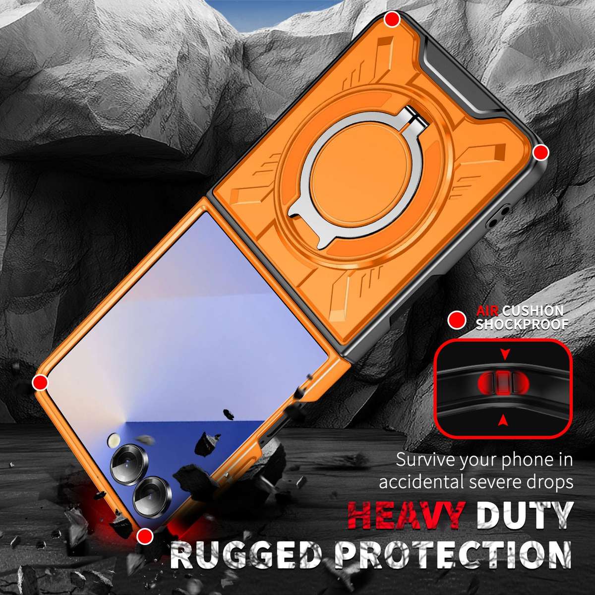 For Samsung Galaxy Z Flip7 5G Rotating Ring Holder Magnetic MagSafe Phone Case(Orange)