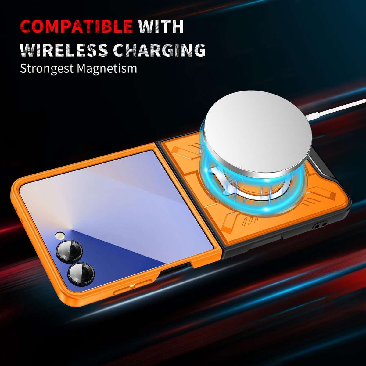 For Samsung Galaxy Z Flip7 5G Rotating Ring Holder Magnetic MagSafe Phone Case(Orange)