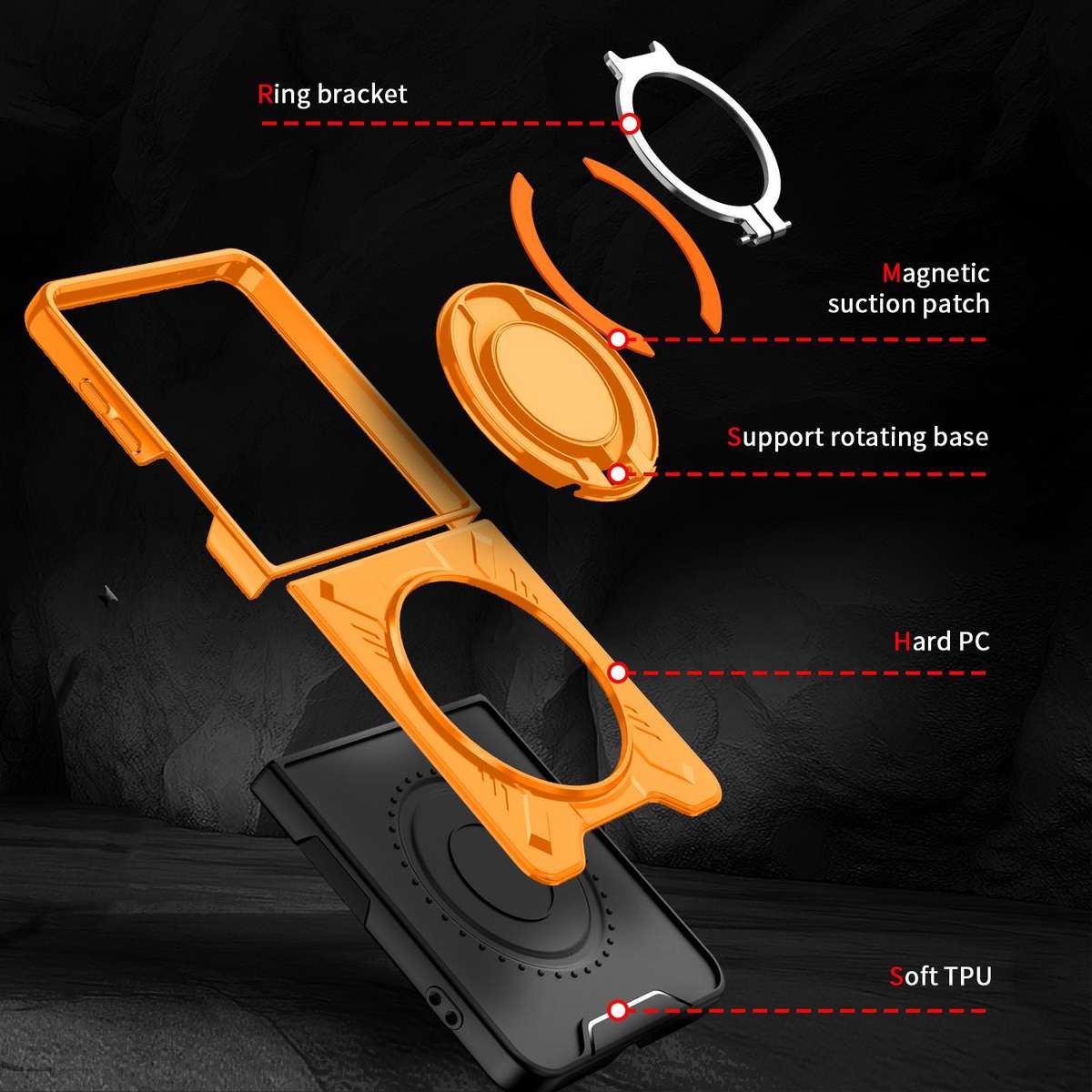 For Samsung Galaxy Z Flip7 5G Rotating Ring Holder Magnetic MagSafe Phone Case(Orange)