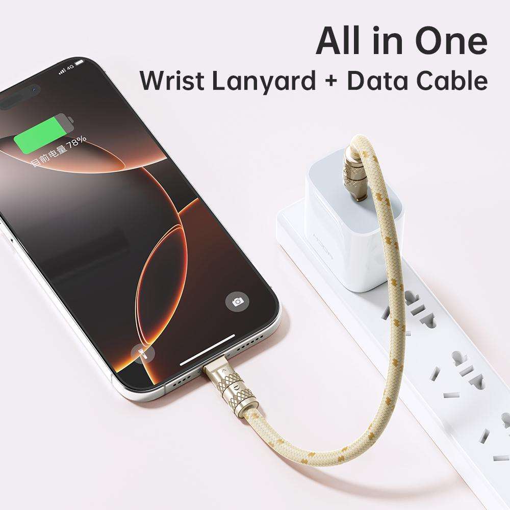 ROCK R15 Type-C to 8 Pin 27W Phone Lanyard Fast Charging Zinc Alloy Data Cable, Length:30cm(Creamy
