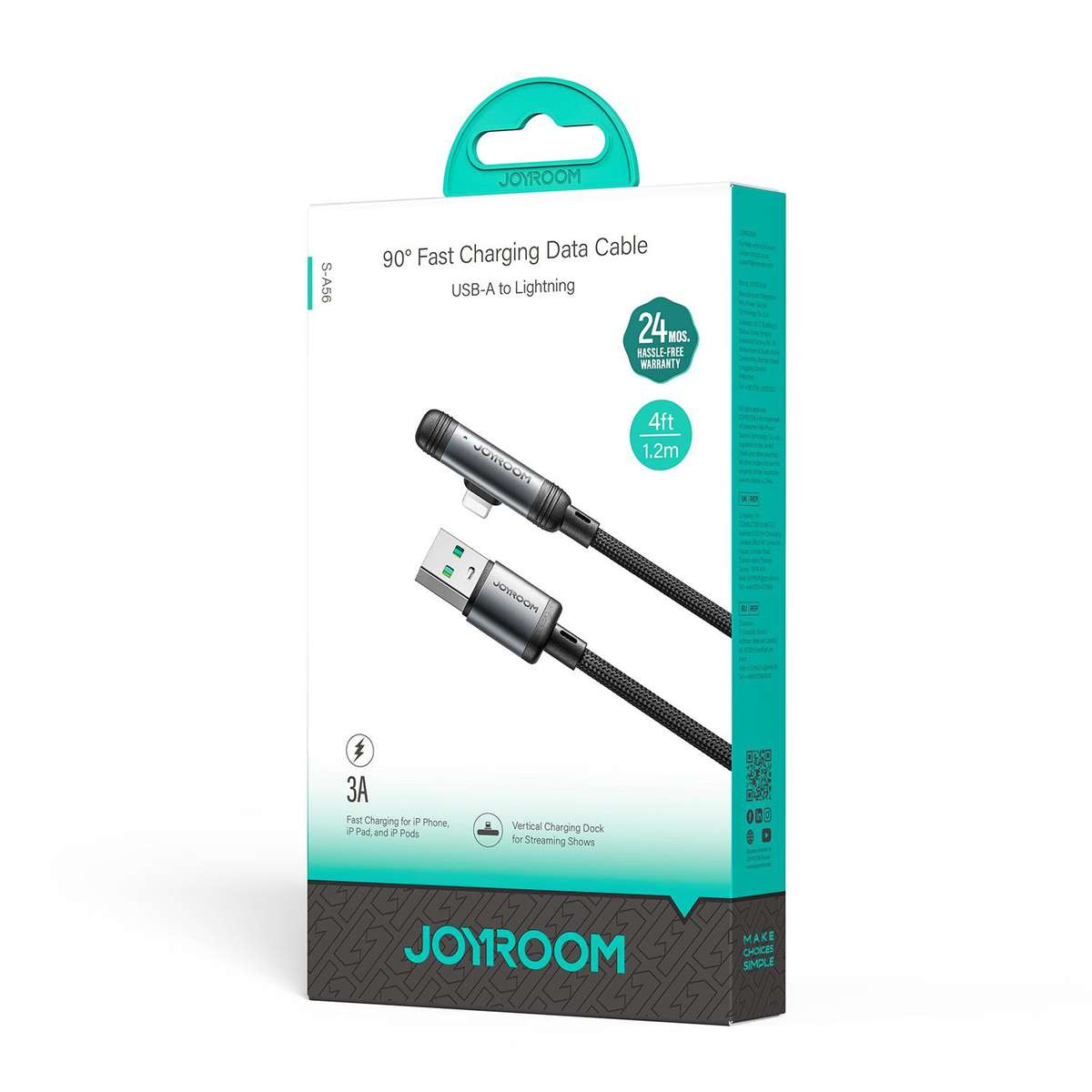 JOYROOM S-A56 EnjoyX Series 3A USB to 8 Pin 90 Degree Fast Charging Data Cable, Length:1.2m(Black)
