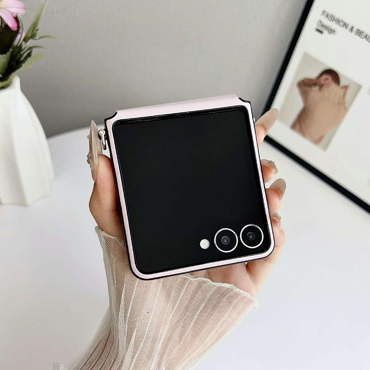 For Samsung Galaxy Z Flip4 Side Buckle MagSafe Leather Texture Phone Case with Strap / Holder(Rose