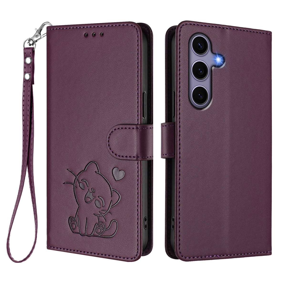 For Samsung Galaxy S25+ / S24+ 5G Embossed Heart Cat Leather Phone Case with Hand Strap(Dark Purpl