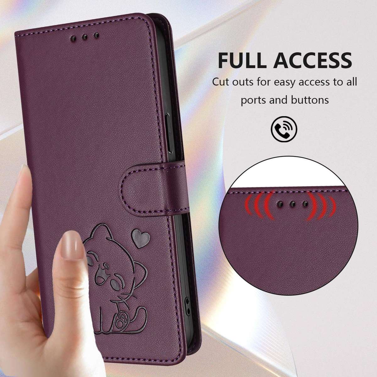 For Samsung Galaxy S25+ / S24+ 5G Embossed Heart Cat Leather Phone Case with Hand Strap(Dark Purpl