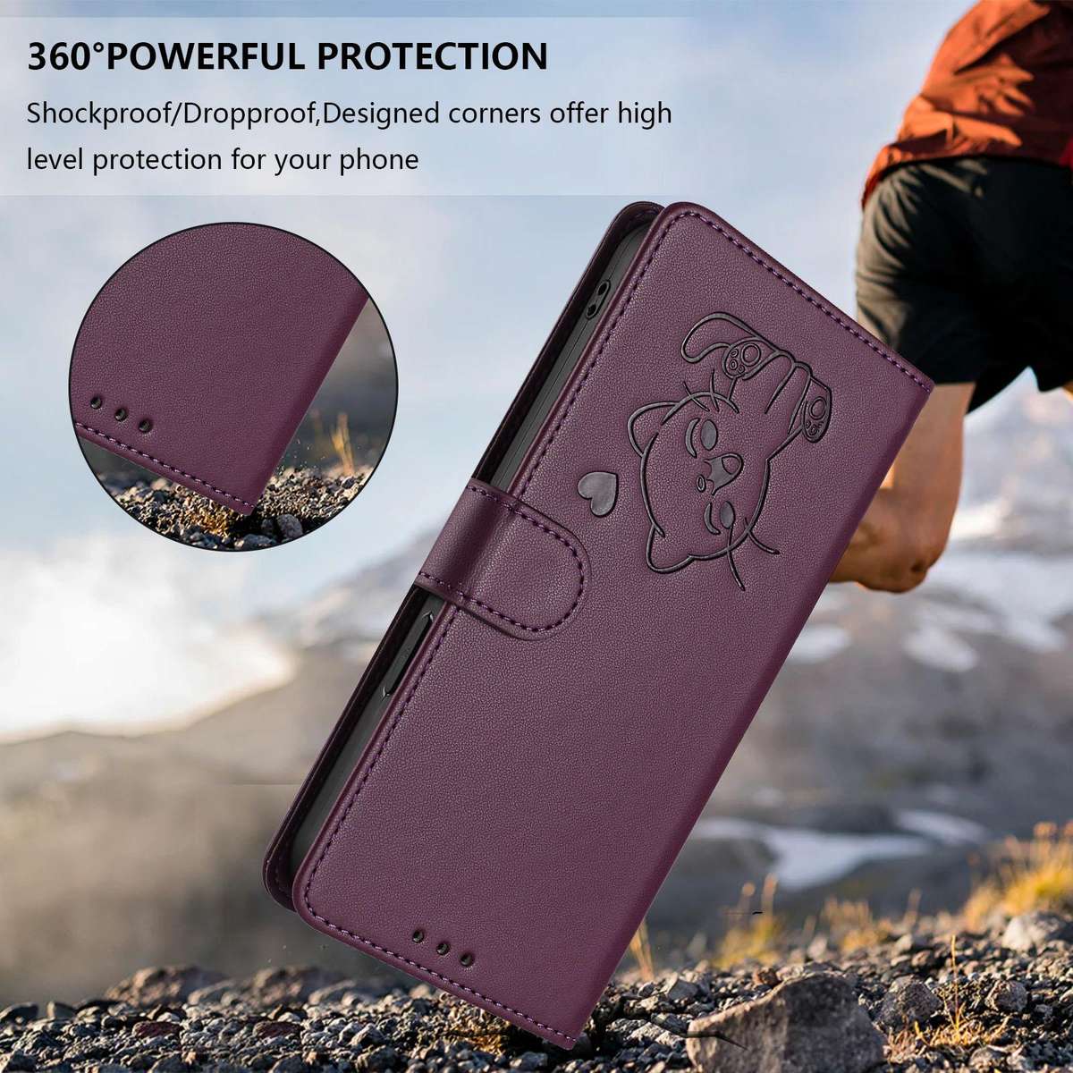 For Samsung Galaxy S25+ / S24+ 5G Embossed Heart Cat Leather Phone Case with Hand Strap(Dark Purpl