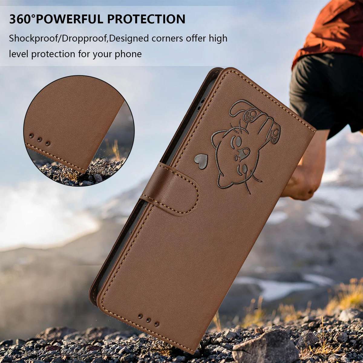 For Samsung Galaxy S23 Ultra 5G Embossed Heart Cat Leather Phone Case with Hand Strap(Brown)