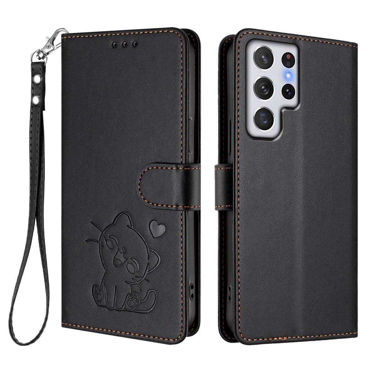 For Samsung Galaxy S22 Ultra 5G Embossed Heart Cat Leather Phone Case with Hand Strap(Black)