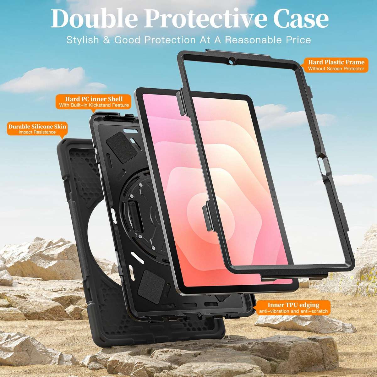 For Samsung Galaxy Tab S11 2025 Rotatable Holder Silicone Hybrid PC Tablet Case with Shoulder Stra