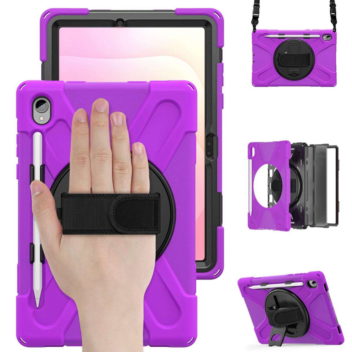 For Samsung Galaxy Tab S11 2025 Rotatable Holder Silicone Hybrid PC Tablet Case with Shoulder Stra