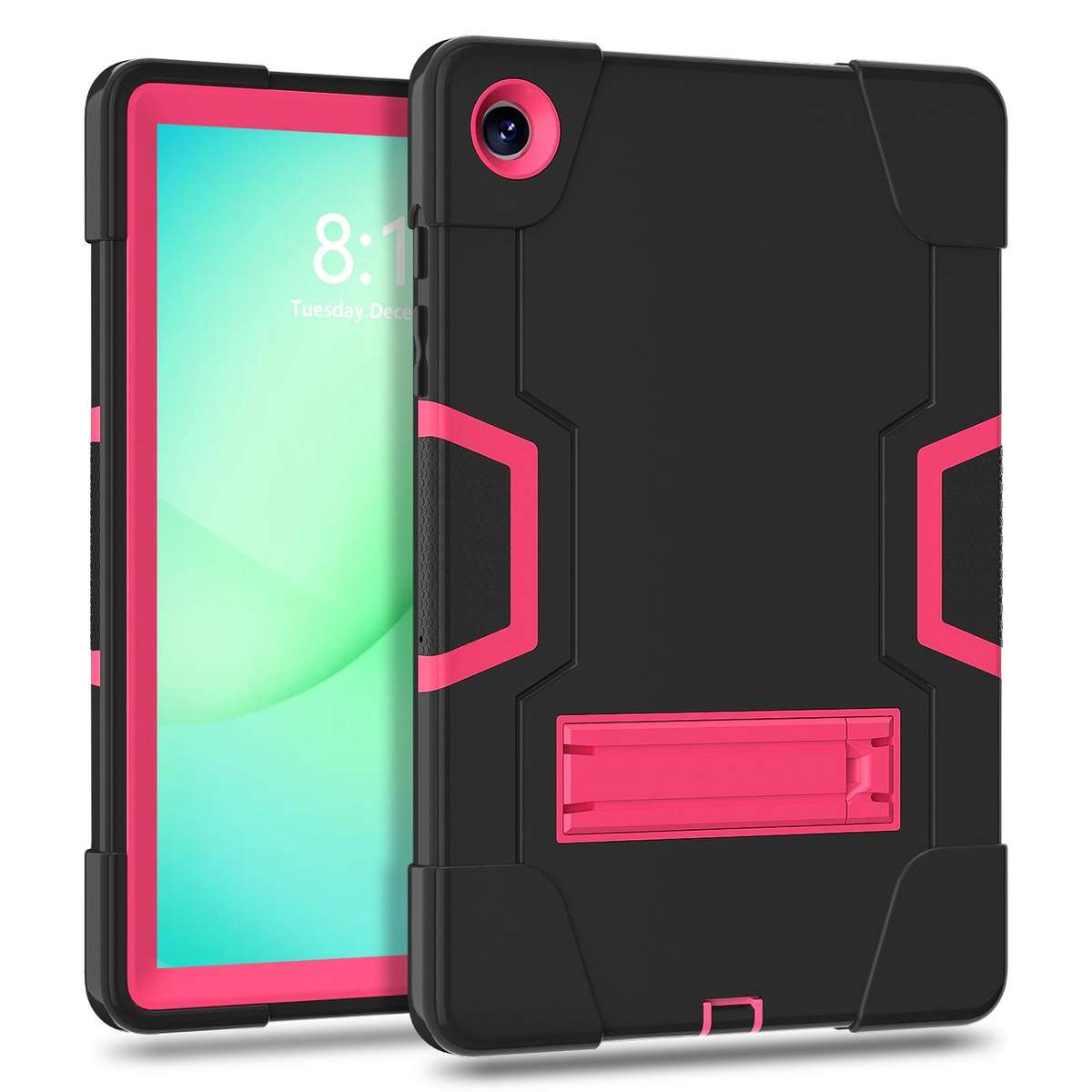 For Samsung Galaxy Tab A11+ Contrast Color Silicone PC Tablet Case with Holder(Black + Rose Red)