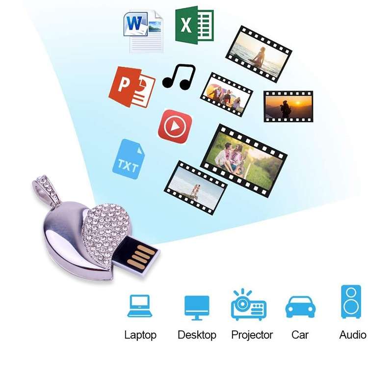 Silver Heart Shaped Diamond Jewelry USB Flash Disk, Special for Valentines Day Gifts (32GB)(Silver