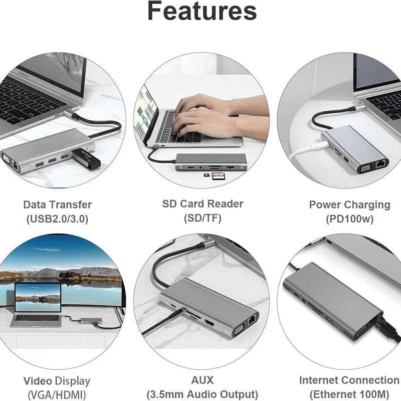 USB C HUB, USB C Adapter 11 in 1 Dongle with 4K HDMI, VGA, Type C PD, USB3.0, RJ45 Ethernet, SD/TF