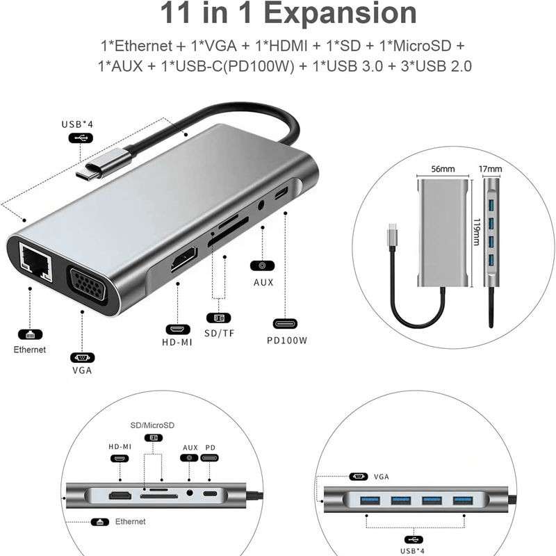 USB C HUB, USB C Adapter 11 in 1 Dongle with 4K HDMI, VGA, Type C PD, USB3.0, RJ45 Ethernet, SD/TF