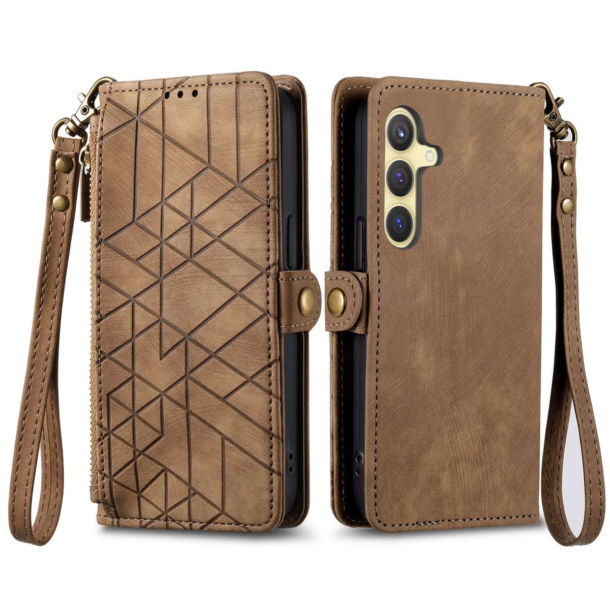 For Samsung Galaxy S24 5G Geometric Zipper Wallet Side Buckle Leather Phone Case(Brown)