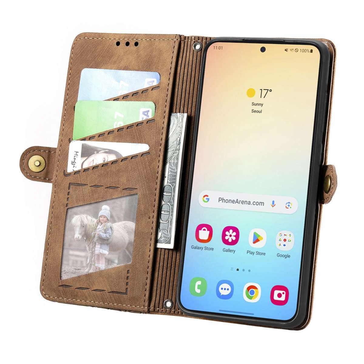 For Samsung Galaxy S24 5G Geometric Zipper Wallet Side Buckle Leather Phone Case(Brown)