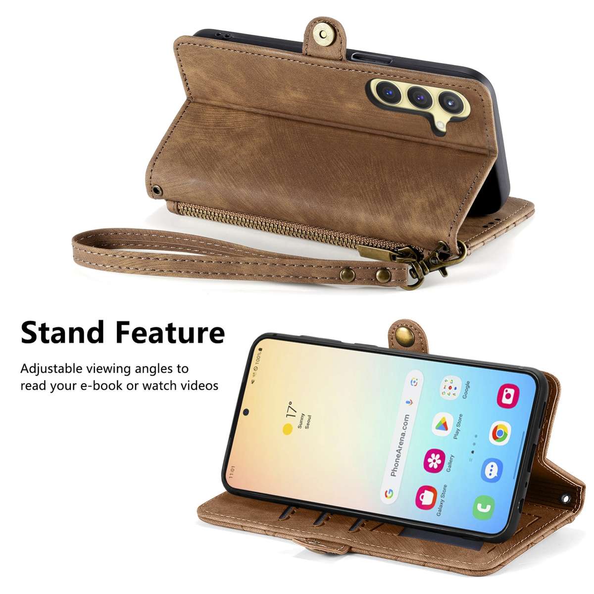 For Samsung Galaxy S24 5G Geometric Zipper Wallet Side Buckle Leather Phone Case(Brown)