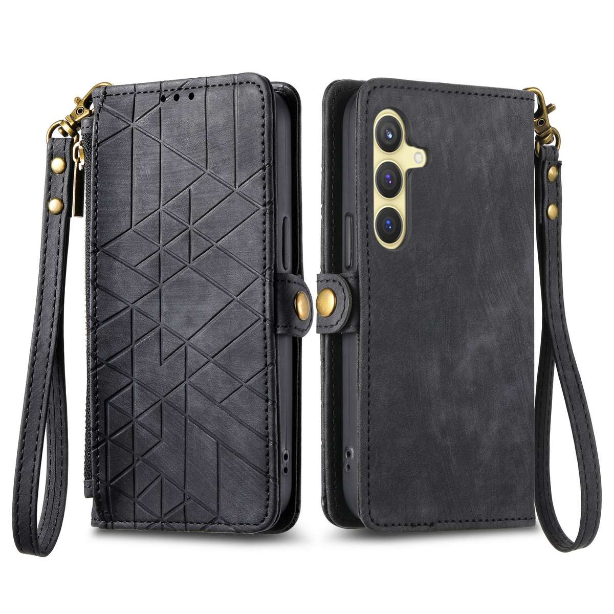 For Samsung Galaxy S24 5G Geometric Zipper Wallet Side Buckle Leather Phone Case(Black)