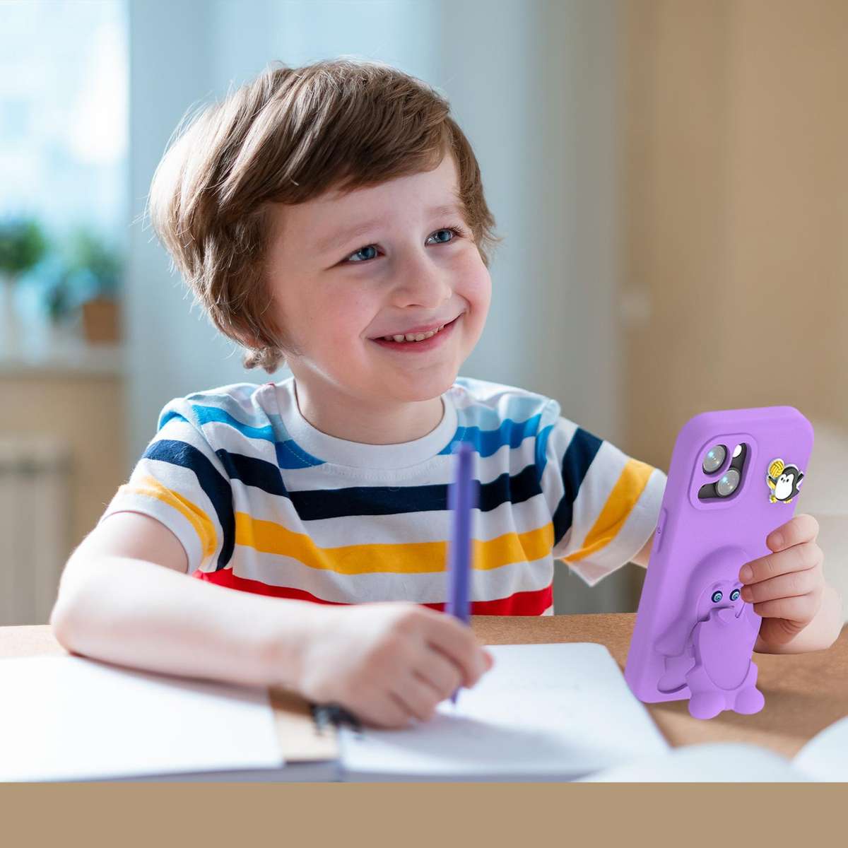 For iPhone 13 / 14 Penguin Baby EVA Shockproof Phone Case with Holder(Purple)