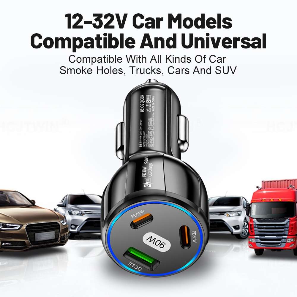 90W Super Fast Charging USB-C Car Charger Dual PD 30W+QC3.0 Charging Station(White)