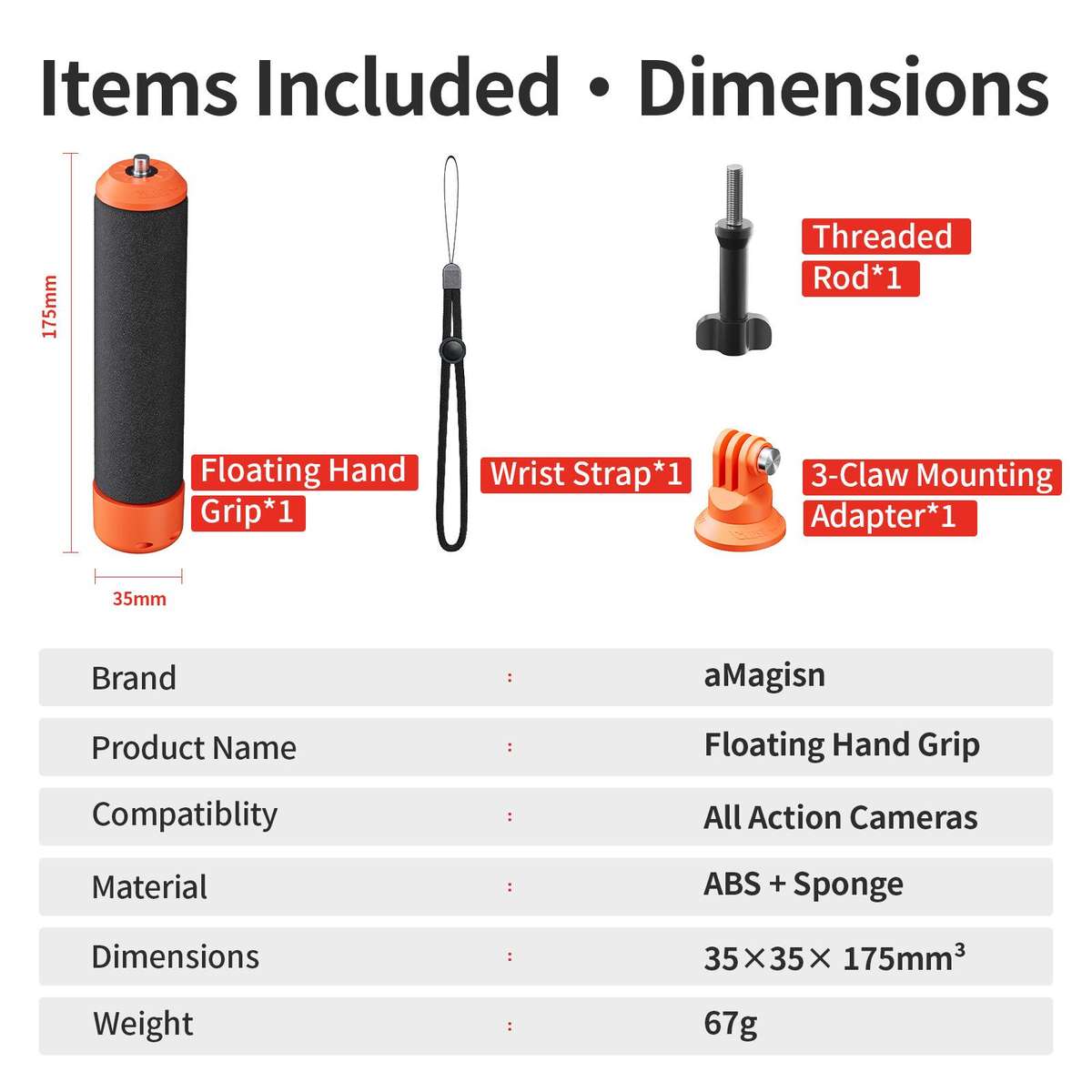 aMagisn Universal Floating Hand Grip for Action Cameras with Triple Claw & 1/4-inch Screw Mount(Bl