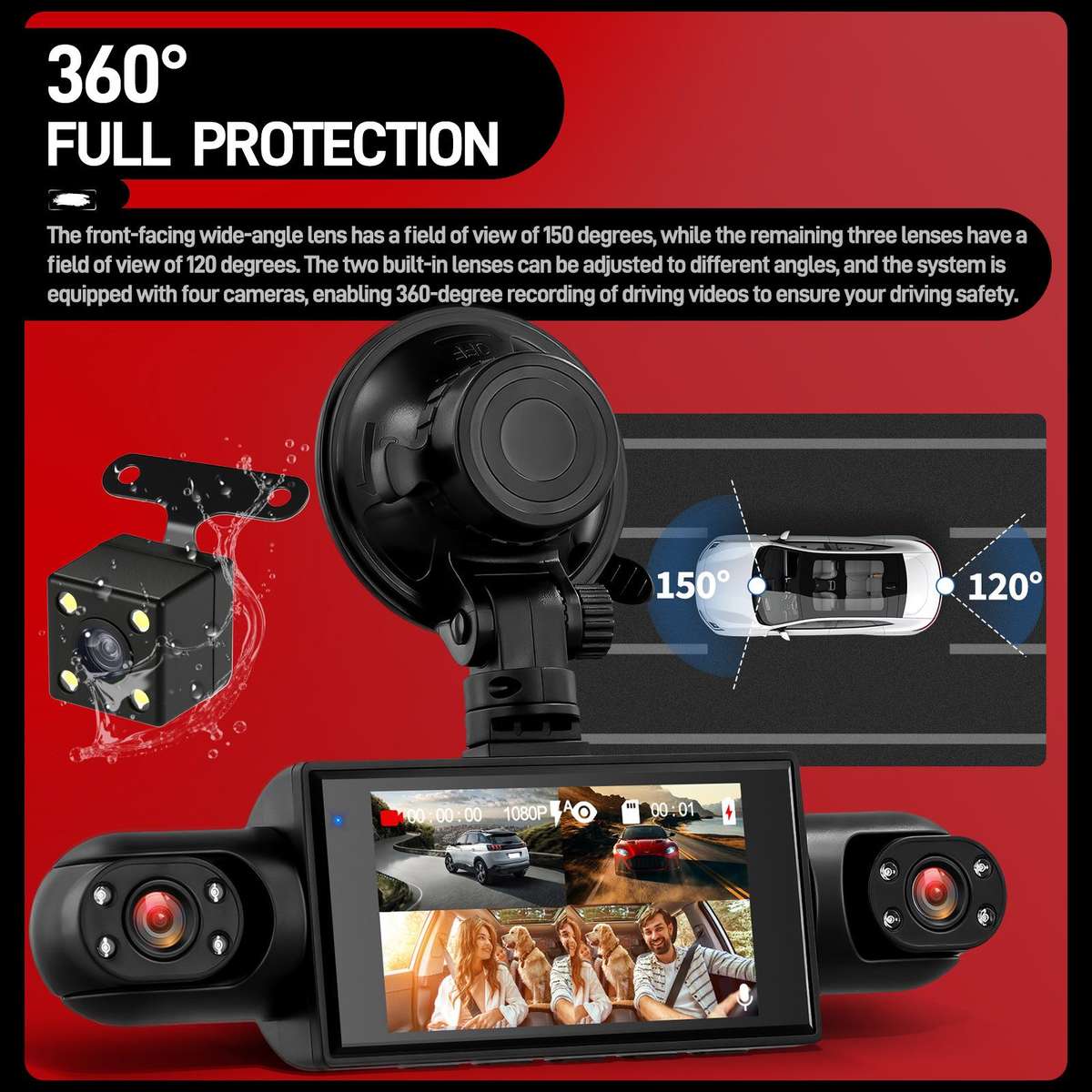 3 Inch 1080P Car Dash Cam With Four Lenses 480P Interior Left Right Rear Cameras