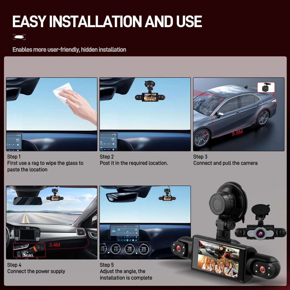 3 Inch 1080P Car Dash Cam With Four Lenses 480P Interior Left Right Rear Cameras