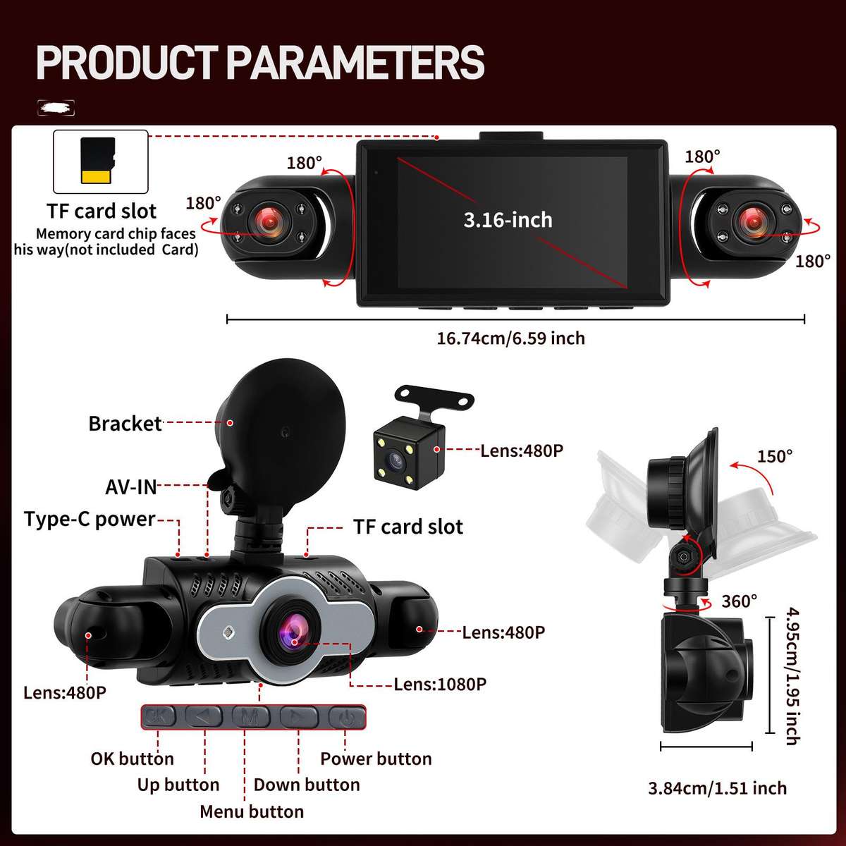 3 Inch 1080P Car Dash Cam With Four Lenses 480P Interior Left Right Rear Cameras