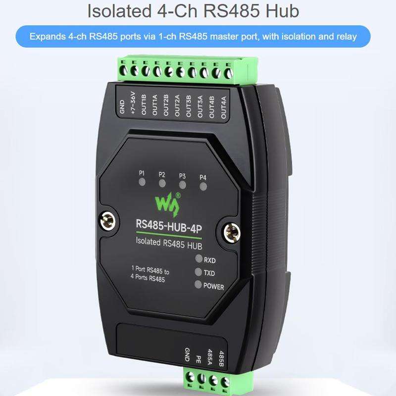 WAVESHARE RS485-HUB-4P Industrial Isolated 4CH Hub Rail Wide Baud Rate Repeater