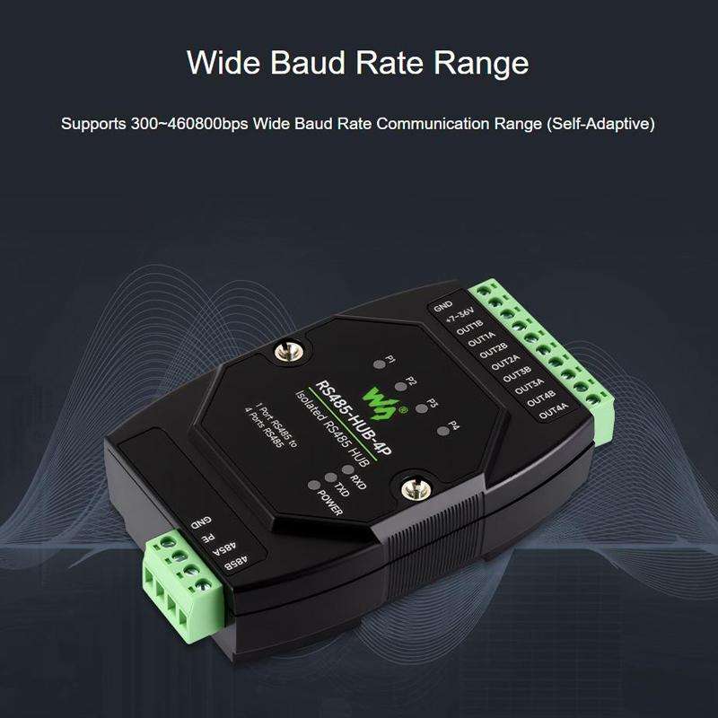 WAVESHARE RS485-HUB-4P Industrial Isolated 4CH Hub Rail Wide Baud Rate Repeater