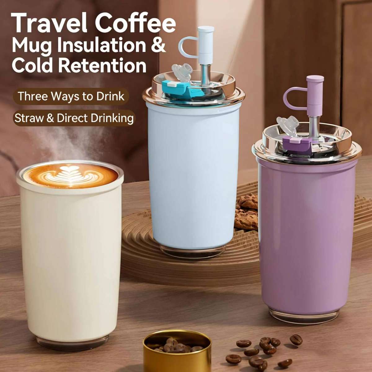 300ml 316 Stainless Steel Insulated Coffee Cup Vacuum Double-Wall Straw Cup(Blue)