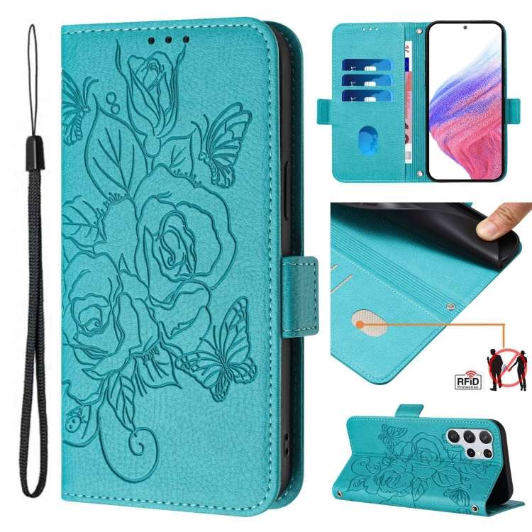 For Samsung Galaxy S22 Ultra 5G Embossed Rose RFID Anti-theft Leather Phone Case(Light Blue)