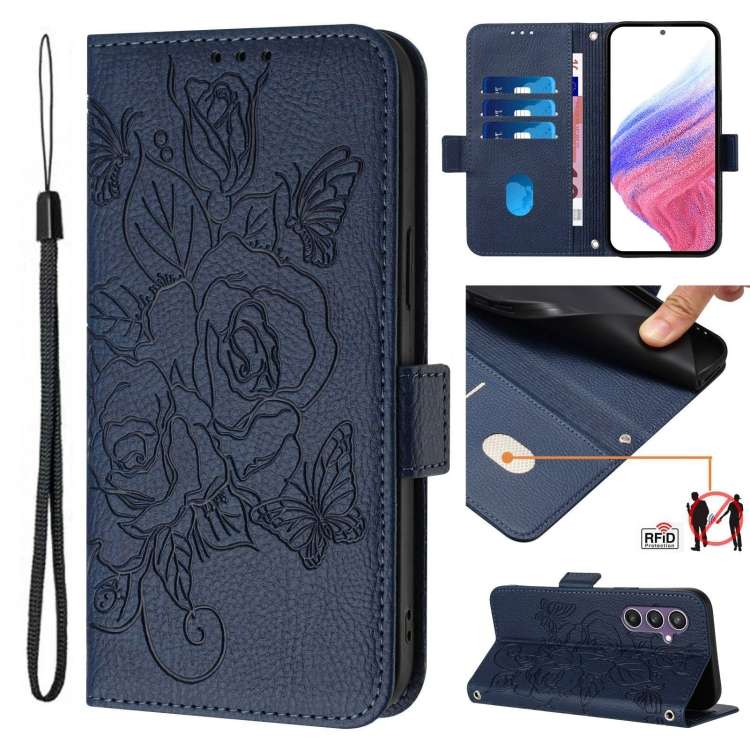 For Samsung Galaxy S23 FE 5G Embossed Rose RFID Anti-theft Leather Phone Case(Dark Blue)