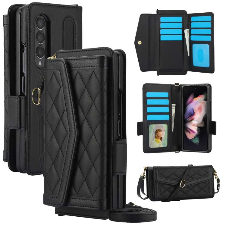 For Samsung Galaxy Z Fold4 Splicing Rhombic Texture Card Holder Phone Case with Lanyard, Not Inclu