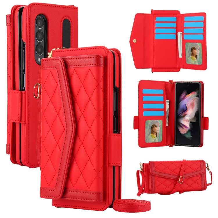 For Samsung Galaxy Z Fold4 Splicing Rhombic Texture Card Holder Phone Case with Lanyard, Not Inclu