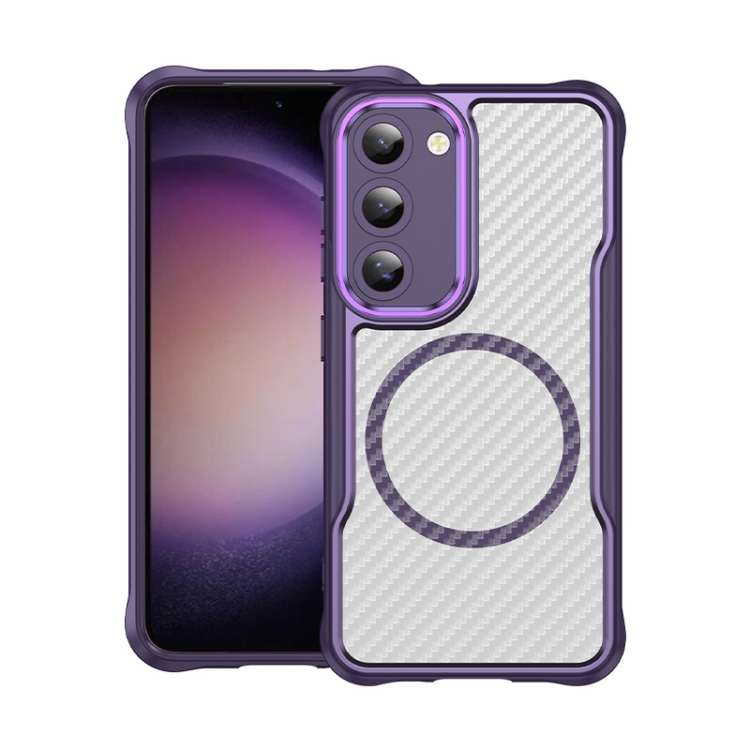 For Samsung Galaxy S23 5G Carbon Fiber Texture MagSafe Translucent Phone Case(Purple)