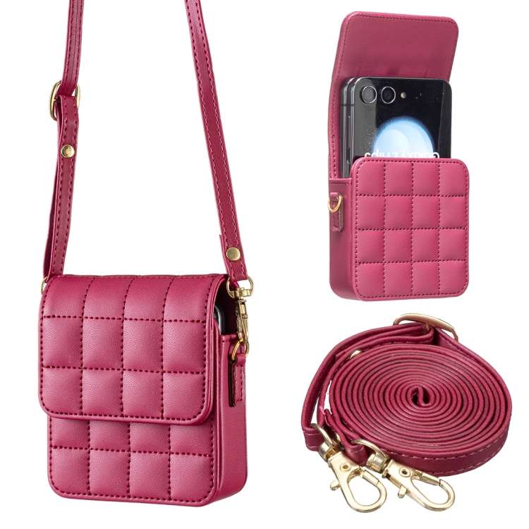 For Samsung Galaxy Z Flip6 BFB04 Plaid Crossbody Fold Phone Bag(Rose Red)