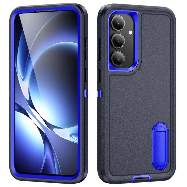 For Samsung Galaxy S25 FE 5G Rugged PC Hybrid Silicone Phone Case with Holder(Dark Blue+Royal Blue